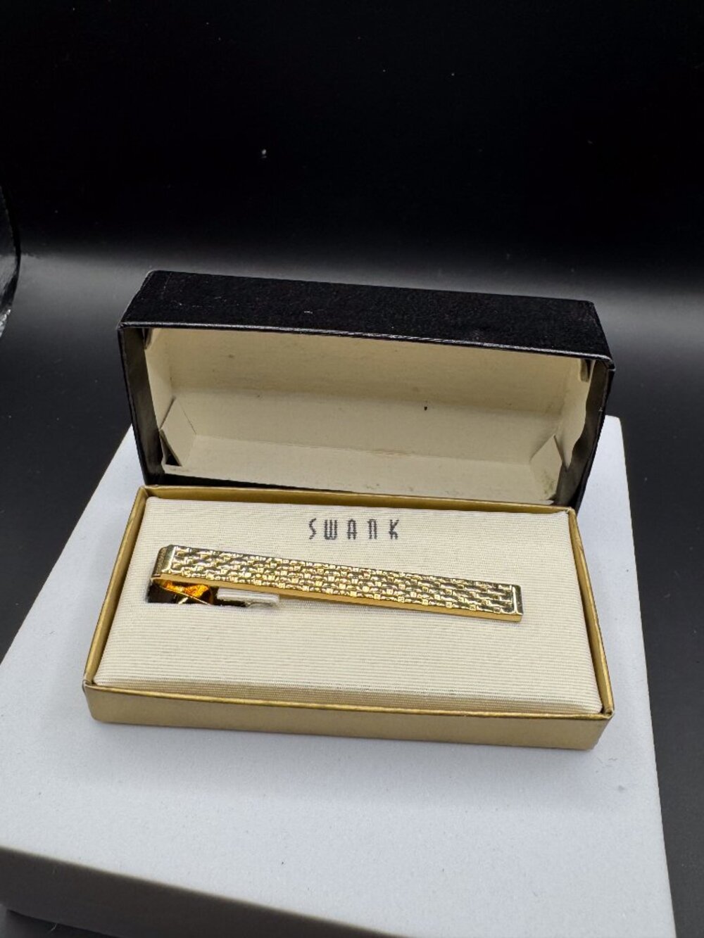 Vintage SWANK Gold Tone Tie Clip w Box Textured Mid Century